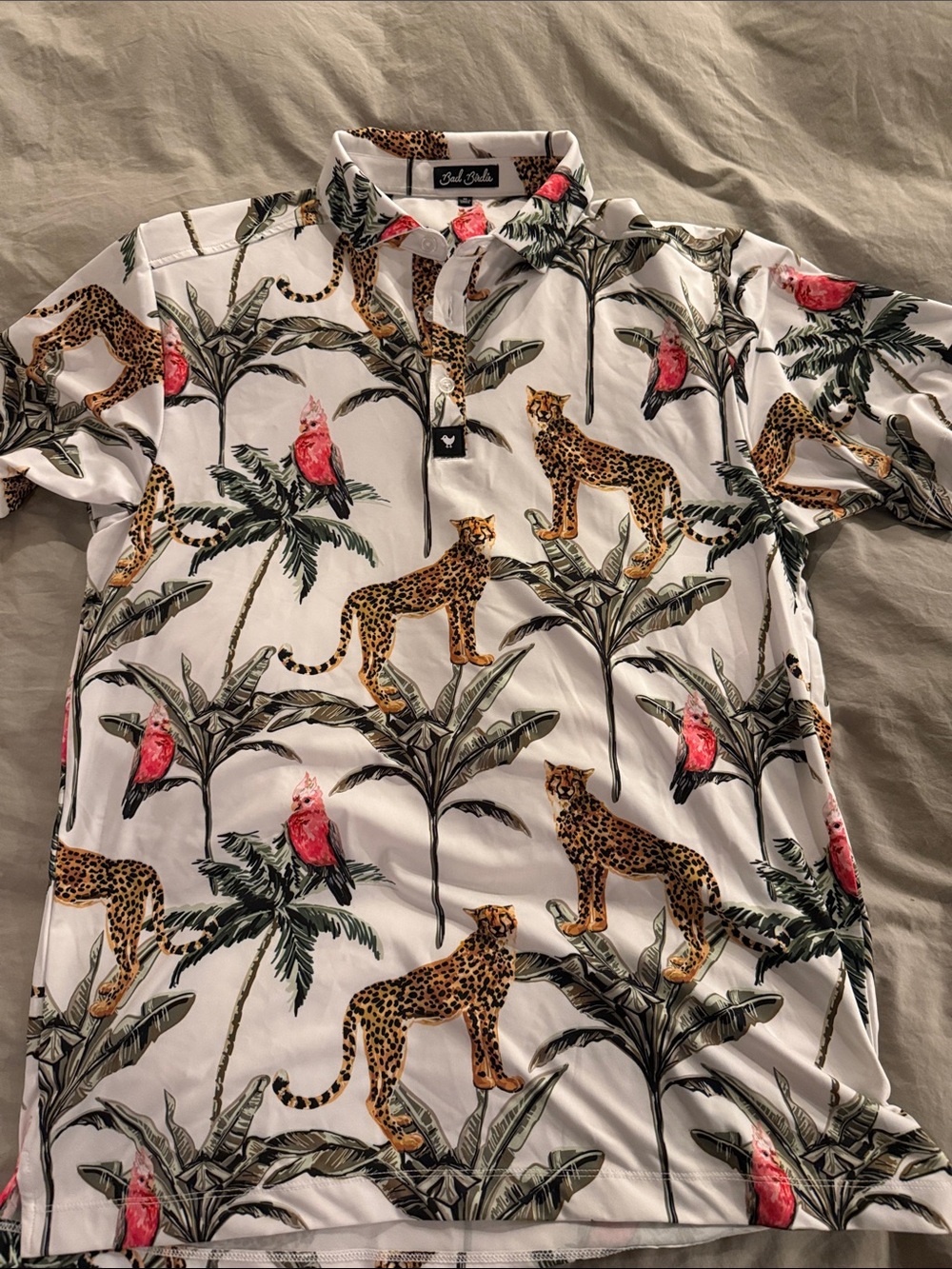 Men’s Bad Birdie Golf Polo Shirt with Leopard & Parrot Motif